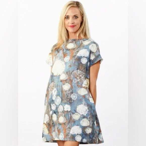 Brynn Walker Ansel Tunic Dress Burdock Blue Floral Linen Blend size S Lagenlook - Picture 16 of 16